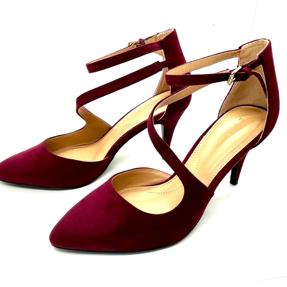 41 HAWTHORN Red/Cranberry Suede Ankle Strap Heels Size 7 Pumps Pointed Toe Party